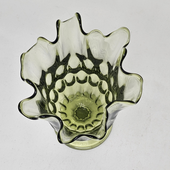 FENTON handkerchief Colonial green thumb print / Thousand Eye footed vase vintag - Picture 3 of 11